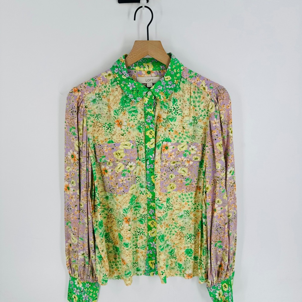LOFT Mixed Floral Patchwork Button Down Top Size … - image 7